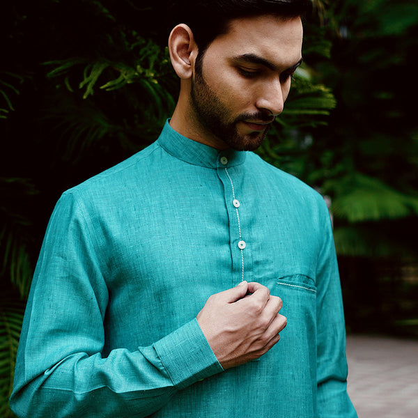 Linen Kurta Set for Men |  Full Sleeves | Pine Green