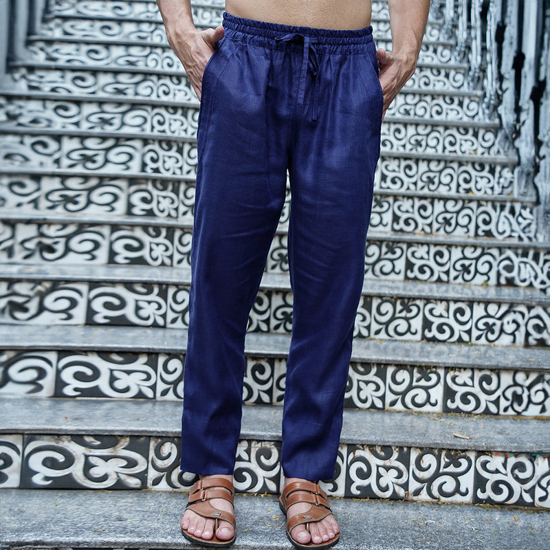 Linen Men's Kurta and Pyjama Set | Contrast Embroidery | Blue