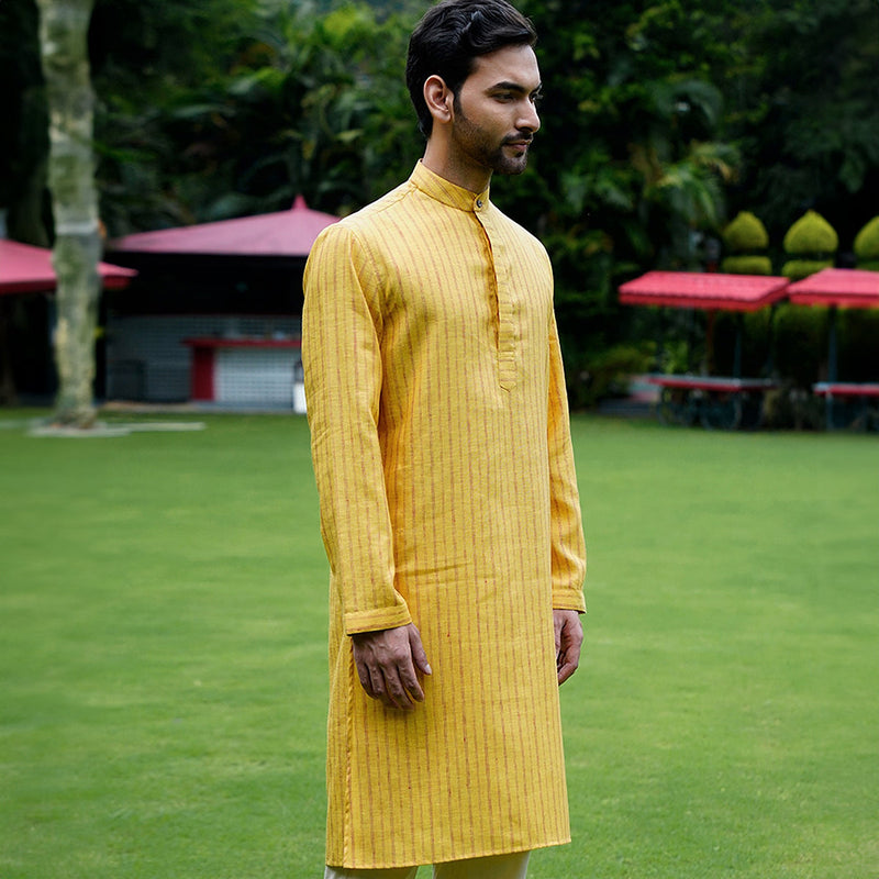 Linen Kurta for Men | Sleek Band Collar | Yellow