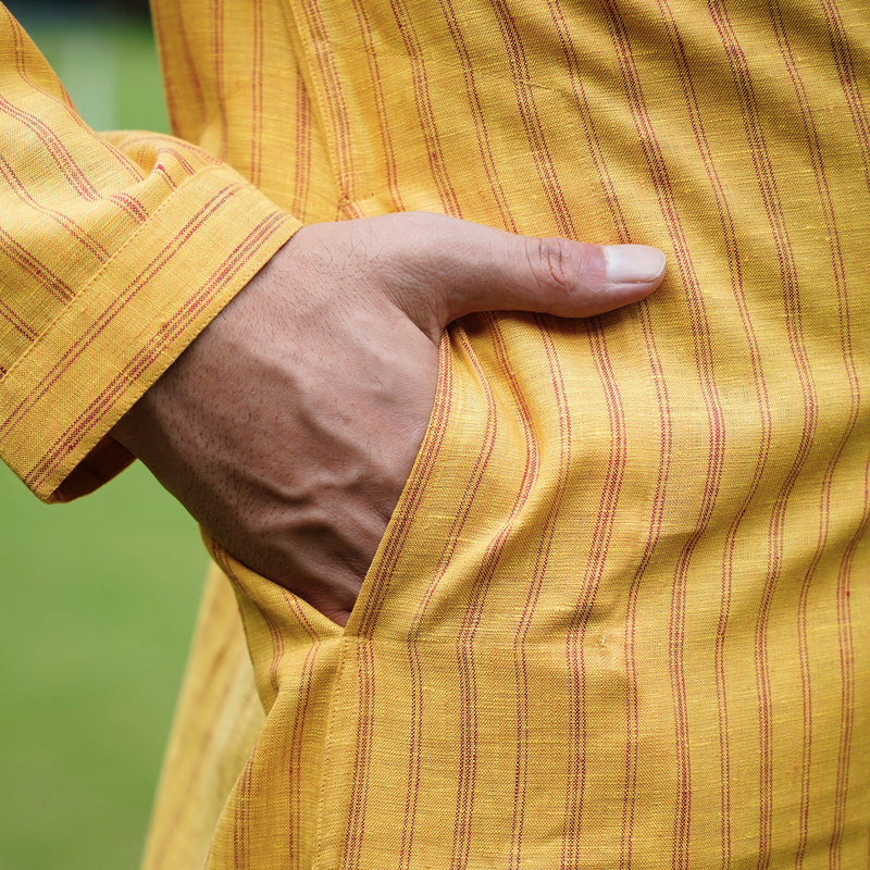 Linen Kurta for Men | Sleek Band Collar | Yellow