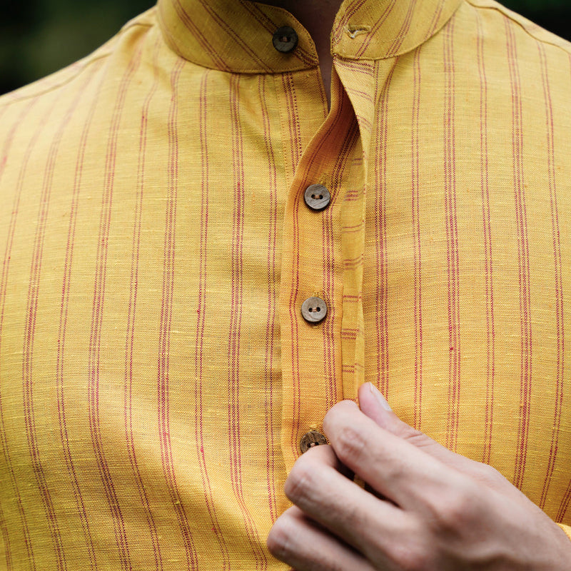 Linen Kurta for Men | Sleek Band Collar | Yellow