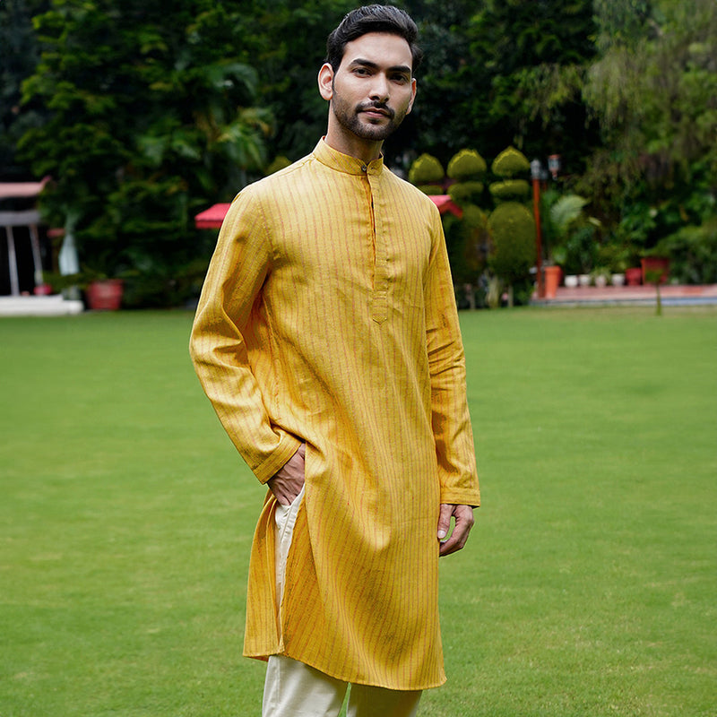 Linen Kurta for Men | Sleek Band Collar | Yellow