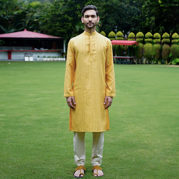 Linen Kurta Pyjama Set for Men | Sleek Band Collar | Yellow