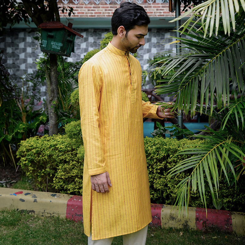 Linen Kurta Pyjama Set for Men | Sleek Band Collar | Yellow