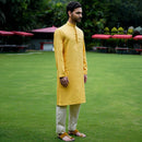 Linen Kurta Pyjama Set for Men | Sleek Band Collar | Yellow