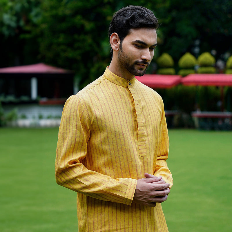 Linen Kurta Pyjama Set for Men | Sleek Band Collar | Yellow