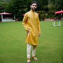 Linen Kurta Pyjama Set for Men | Sleek Band Collar | Yellow