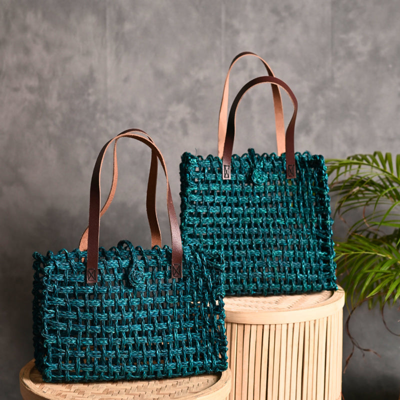 Sabai Grass Lunch Bag | Based Leather Handle | Indigo