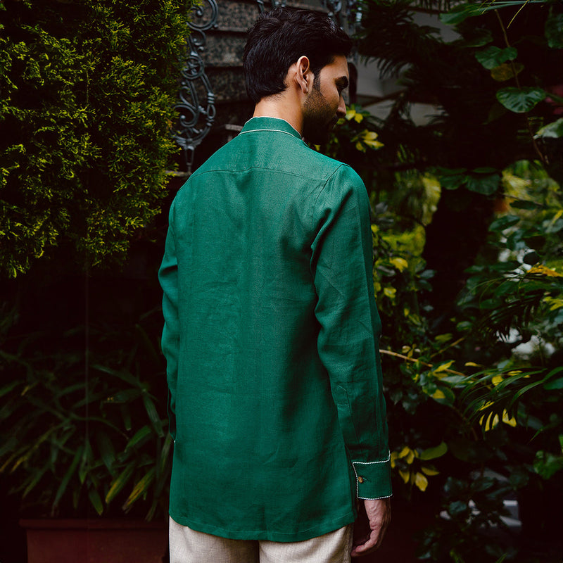Mens Linen Shirt | Sleek Band Collar | Green