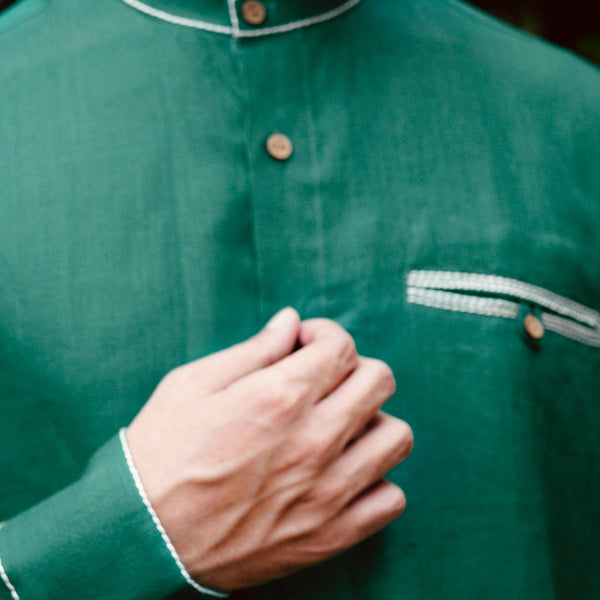 Mens Linen Shirt | Sleek Band Collar | Green