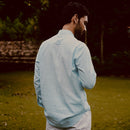 Mens Linen Cotton Shirt | Sleek Band Collar | Sapphire Blue