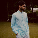 Mens Linen Cotton Shirt | Sleek Band Collar | Sapphire Blue
