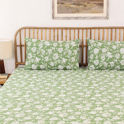 Cotton Bedsheet Set | Floral Print | Green