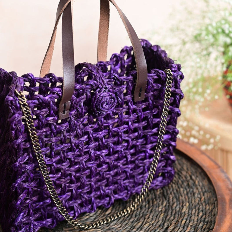 Sabai Grass Mesh Bag | Plant Based Leather Handle | Lavender