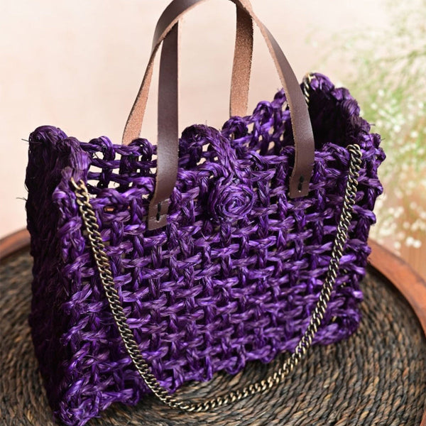 Sabai Grass Mesh Bag | Plant Based Leather Handle | Lavender