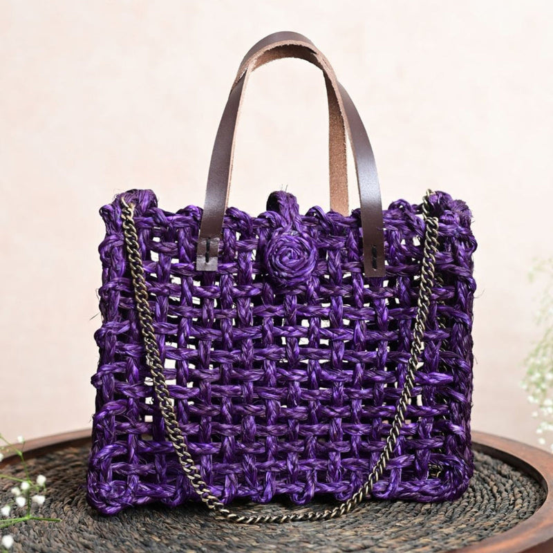 Sabai Grass Mesh Bag | Plant Based Leather Handle | Lavender