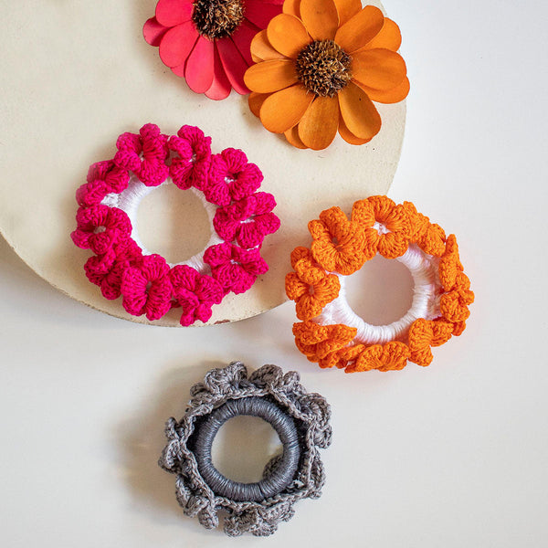 Scrunchie Hair Band for Girls | Cotton Crochet | Pink-Grey & Saffron | Set of 3