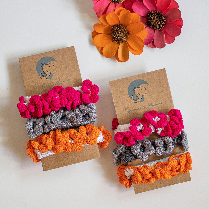 Scrunchie Hair Band for Girls | Cotton Crochet | Pink-Grey & Saffron | Set of 3