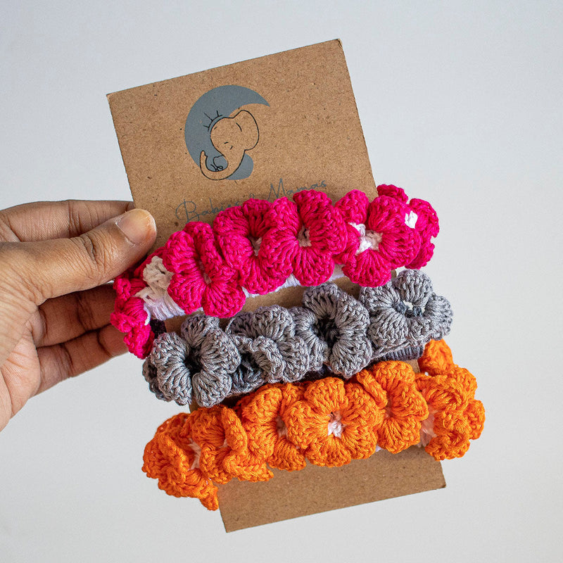 Scrunchie Hair Band for Girls | Cotton Crochet | Pink-Grey & Saffron | Set of 3