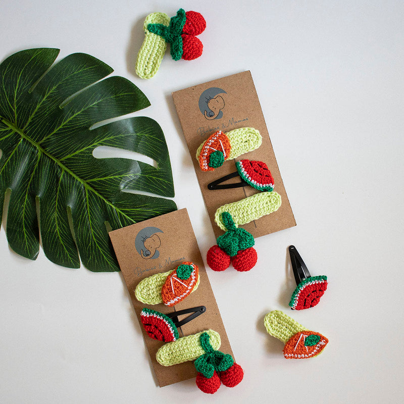 Girls Hair Clips | Cotton Crochet | Green-Red & Orange | Set of 3