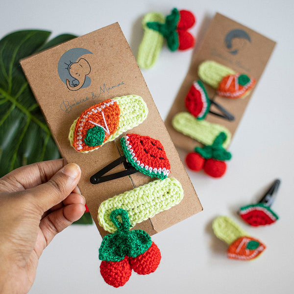 Girls Hair Clips | Cotton Crochet | Green-Red & Orange | Set of 3