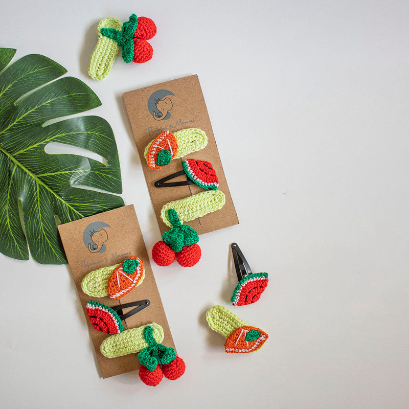 Girls Hair Clips | Cotton Crochet | Green-Red & Orange | Set of 3