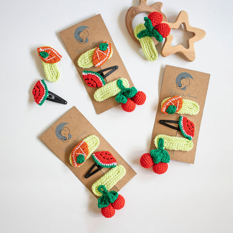 Girls Hair Clips | Cotton Crochet | Green-Red & Orange | Set of 3