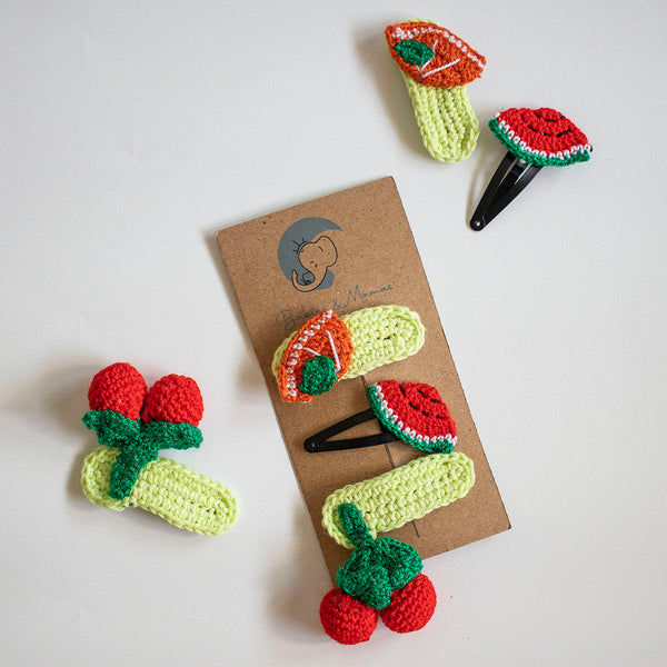 Girls Hair Clips | Cotton Crochet | Green-Red & Orange | Set of 3