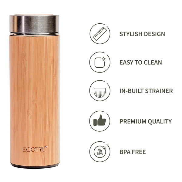 Insulated Flask With Strainer | Bamboo Stainless Steel | Unique Design | 450 ml