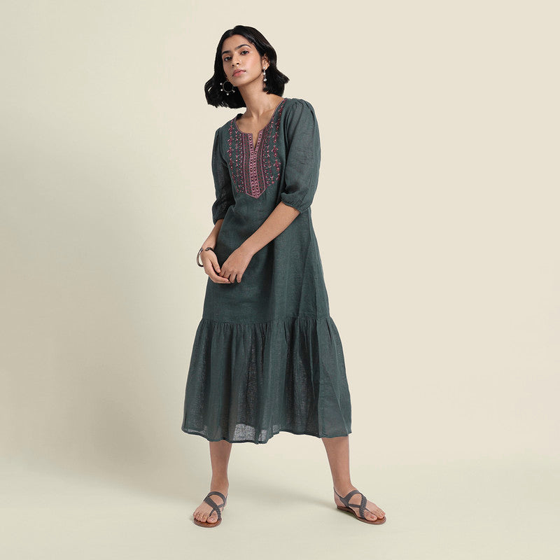 Linen Embroidered Dress for Women | Olive