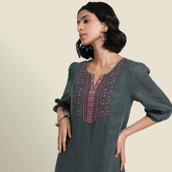 Linen Embroidered Dress for Women | Olive