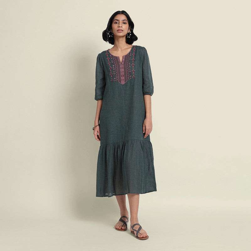 Linen Embroidered Dress for Women | Olive