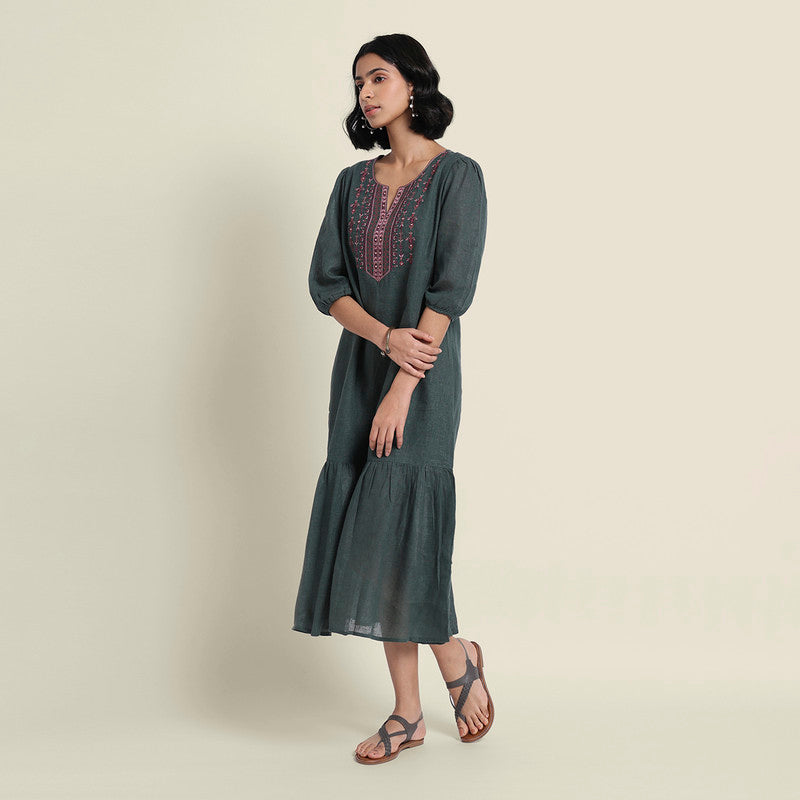 Linen Embroidered Dress for Women | Olive