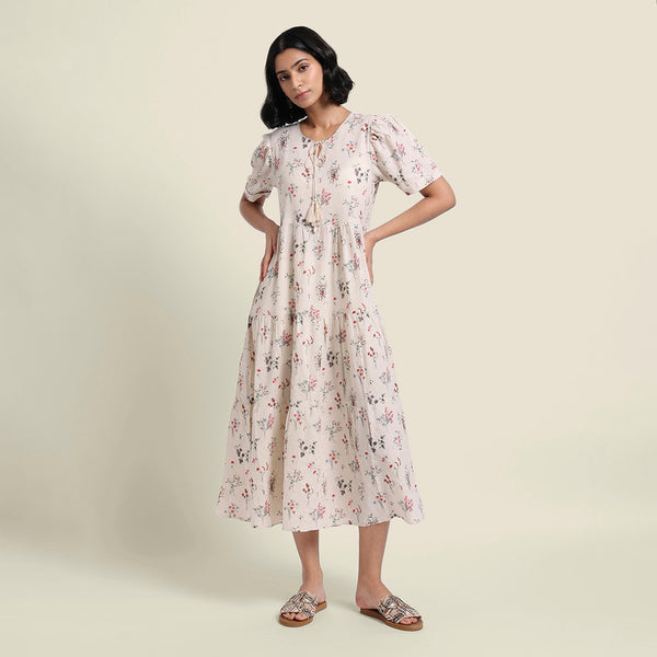 Linen Dress for Women | Floral Print | Cream