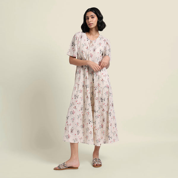 Linen Dress for Women | Floral Print | Cream