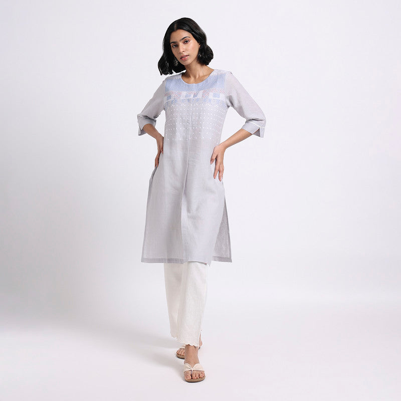 Linen Embroidered Kurta for Women | Grey