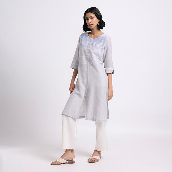 Linen Embroidered Kurta for Women | Grey