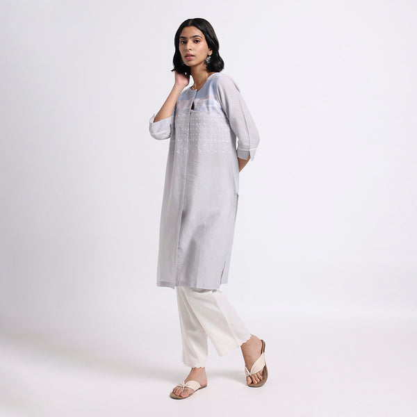 Linen Embroidered Kurta for Women | Grey