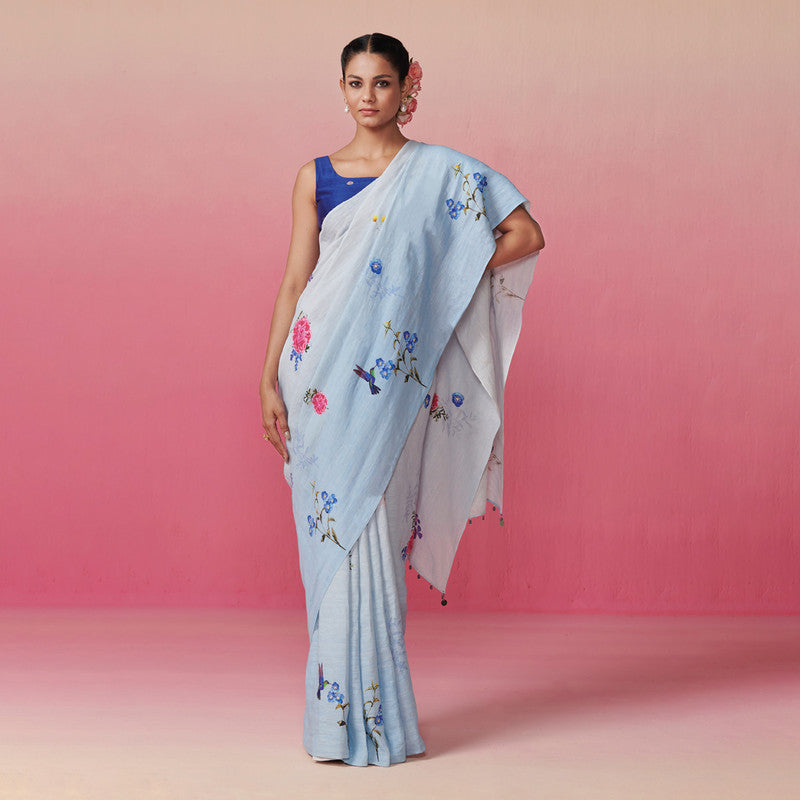 Pure Linen Saree with Blouse Fabric | Floral Print | Light Blue