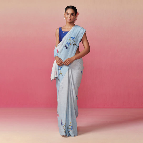 Pure Linen Saree with Blouse Fabric | Floral Print | Light Blue