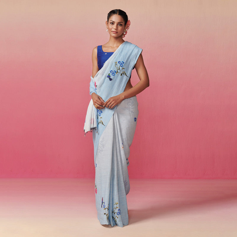 Pure Linen Saree with Blouse Fabric | Floral Print | Light Blue