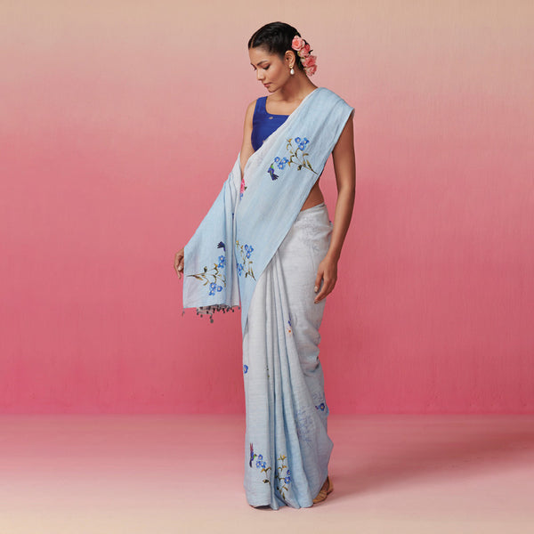 Pure Linen Saree with Blouse Fabric | Floral Print | Light Blue