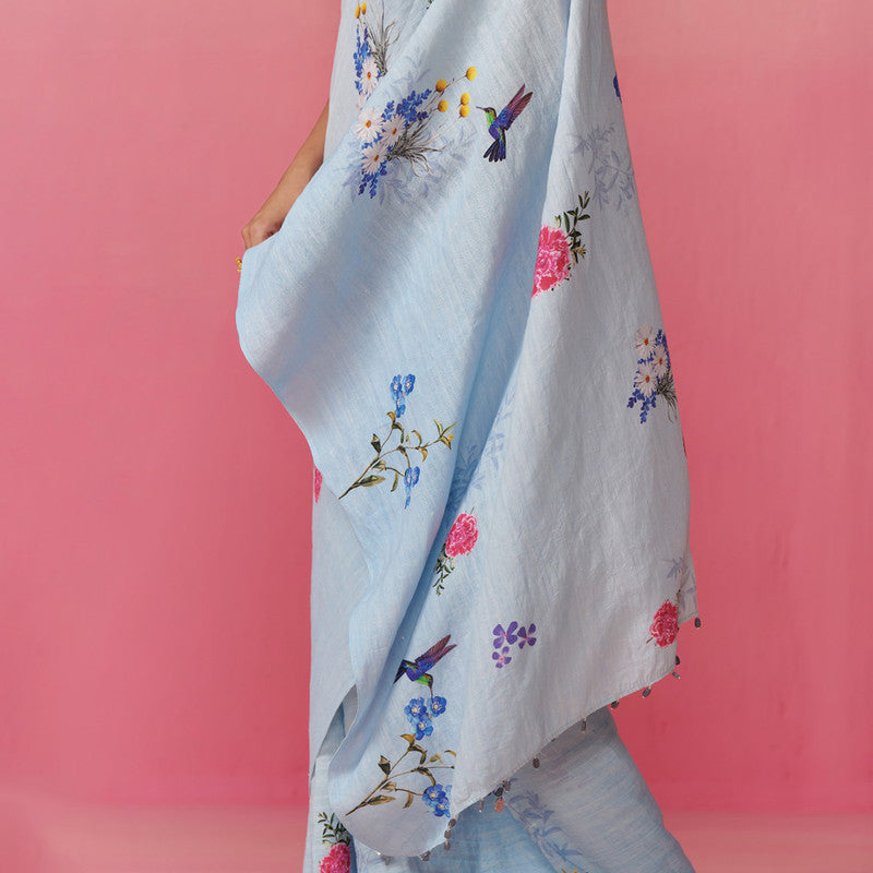 Pure Linen Saree with Blouse Fabric | Floral Print | Light Blue