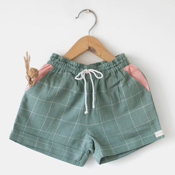 Cotton Shirt and Shorts Set for Girls | Checkered | Teal Green