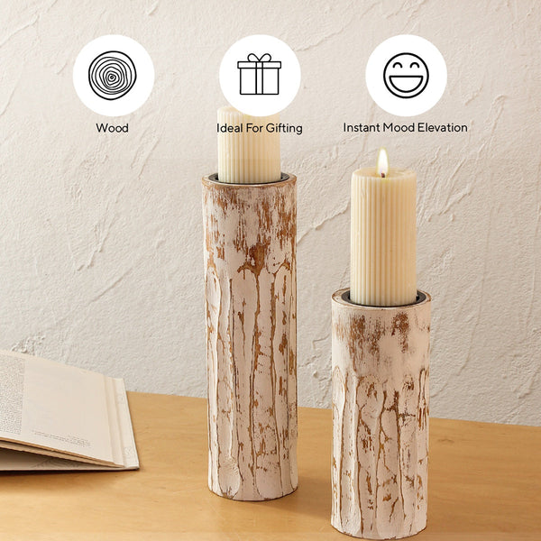 Wooden Candle Holder | Off-White | Set of 2