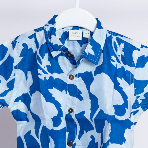 Cotton Shirt For Boys | Floral Print | Blue & White