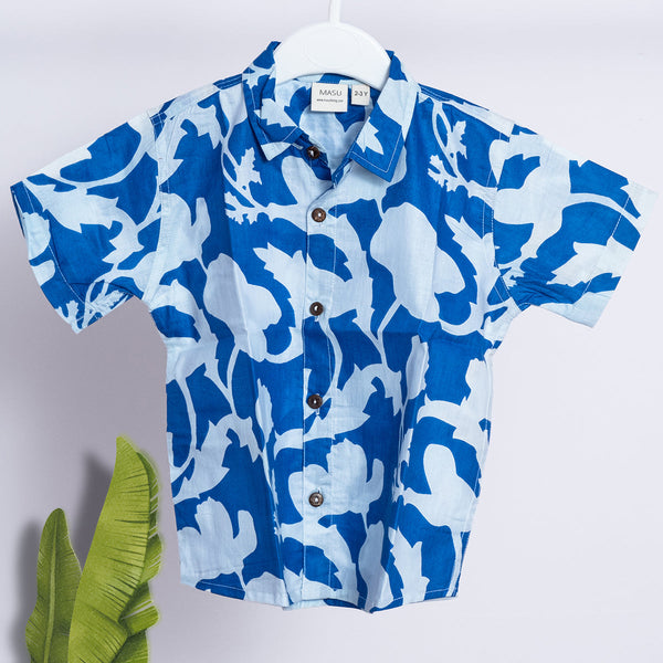 Cotton Shirt For Boys | Floral Print | Blue & White