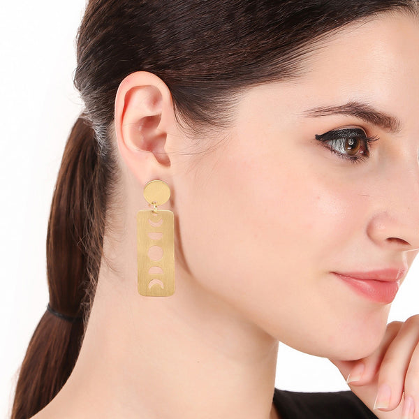 Brass Dangler Earrings for Women | Phases of Moon | Gold Finish