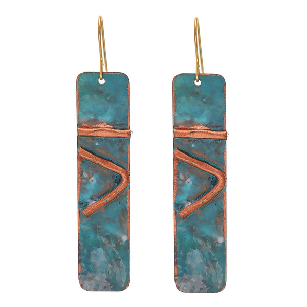 Brass Long Dangler Earrings | Patina Finish | Green & Gold