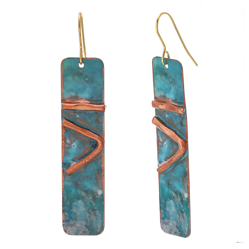 Brass Long Dangler Earrings | Patina Finish | Green & Gold